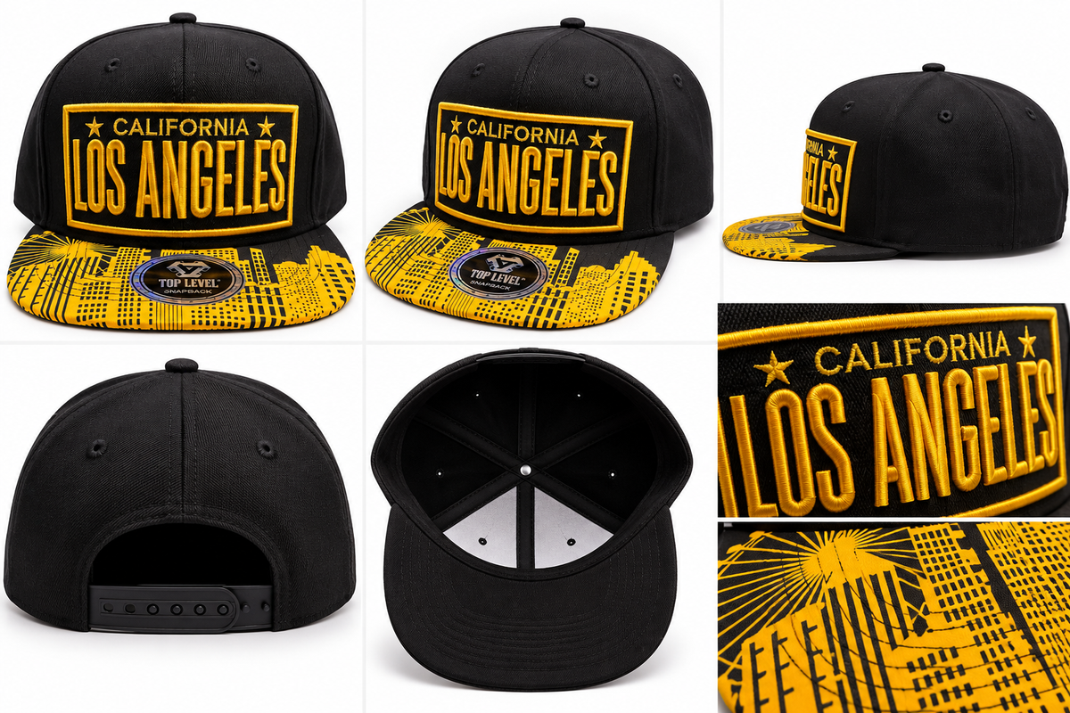 Los Angeles Snapback Hat Black and Yellow with Design on the bill