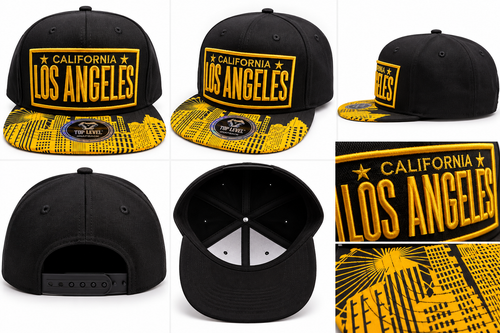 Los Angeles Snapback Hat Black and Yellow with Design on the bill