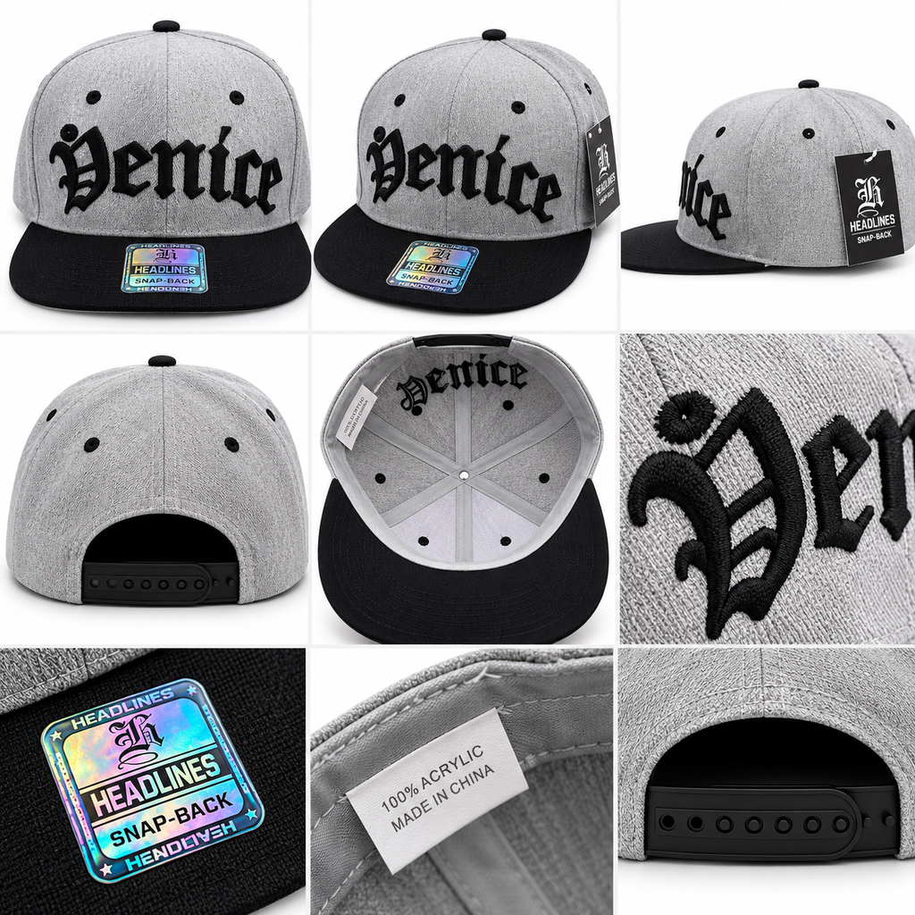 Venice Snapback Hat Heather Gray wtih Black Letters