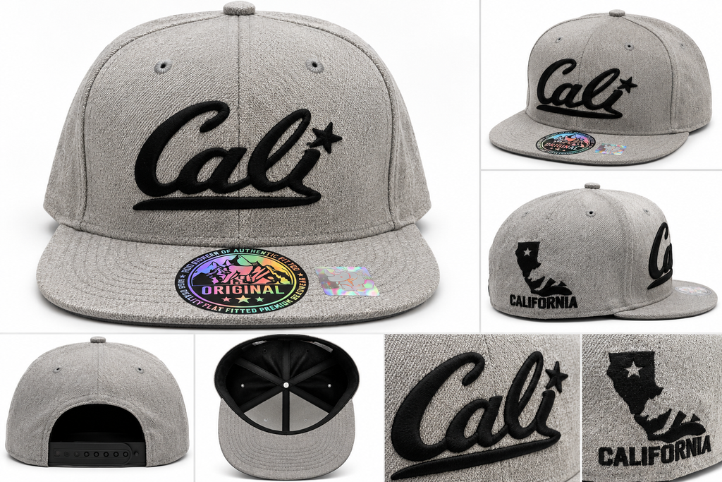 Cali Snapback Hat Heather Gray with black letters