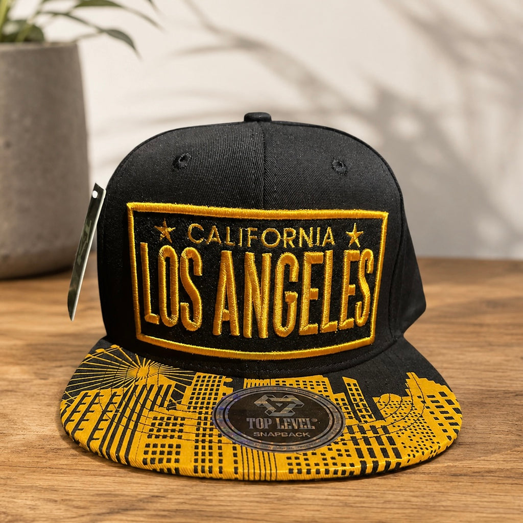Los Angeles Snapback Hat Black and Yellow with Design on the bill