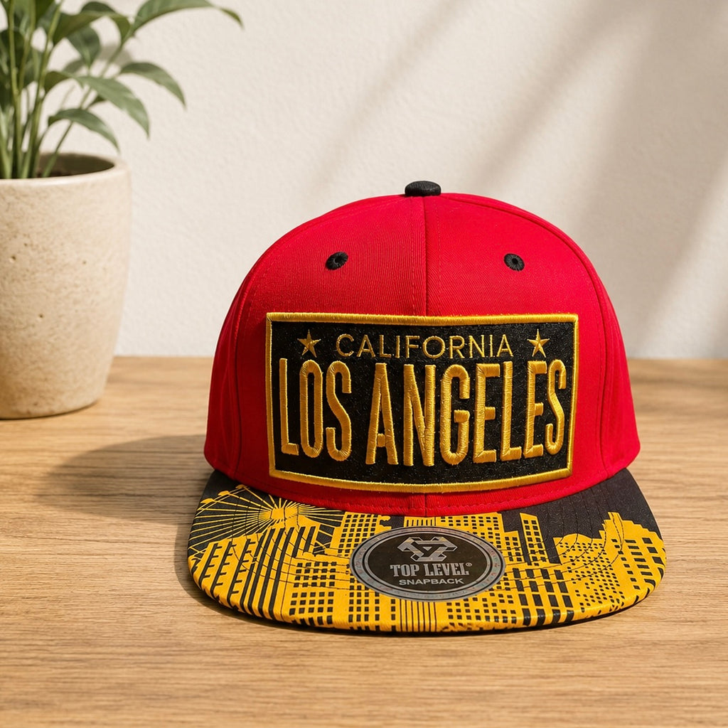 Los Angeles Snapback Hat Red and Yellow with Design on the bill