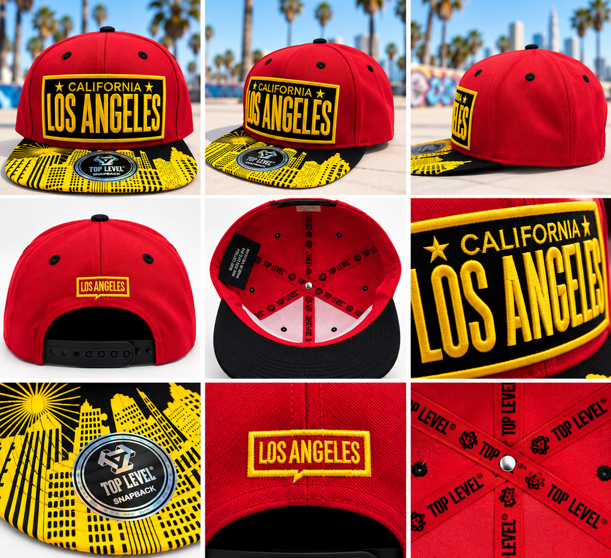 Los Angeles Snapback Hat Red and Yellow with Design on the bill
