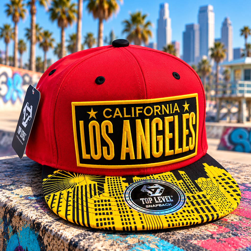 Los Angeles Snapback Hat Red and Yellow with Design on the bill