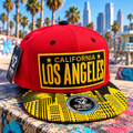 Los Angeles Snapback Hat Red and Yellow with Design on the bill
