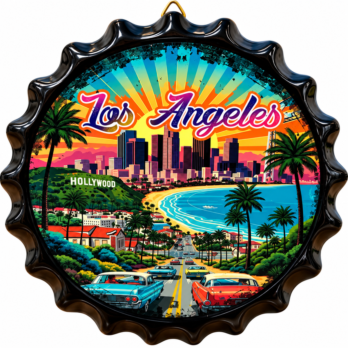 Los Angeles Retro Bottle Cap Wall Sign – Vintage California Sunset Souvenir Decor