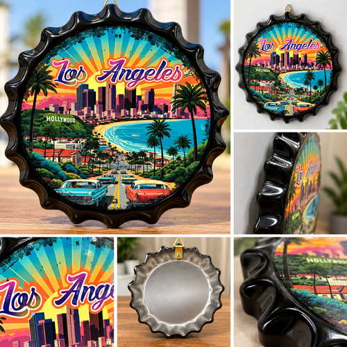 Los Angeles Retro Bottle Cap Wall Sign – Vintage California Sunset Souvenir Decor