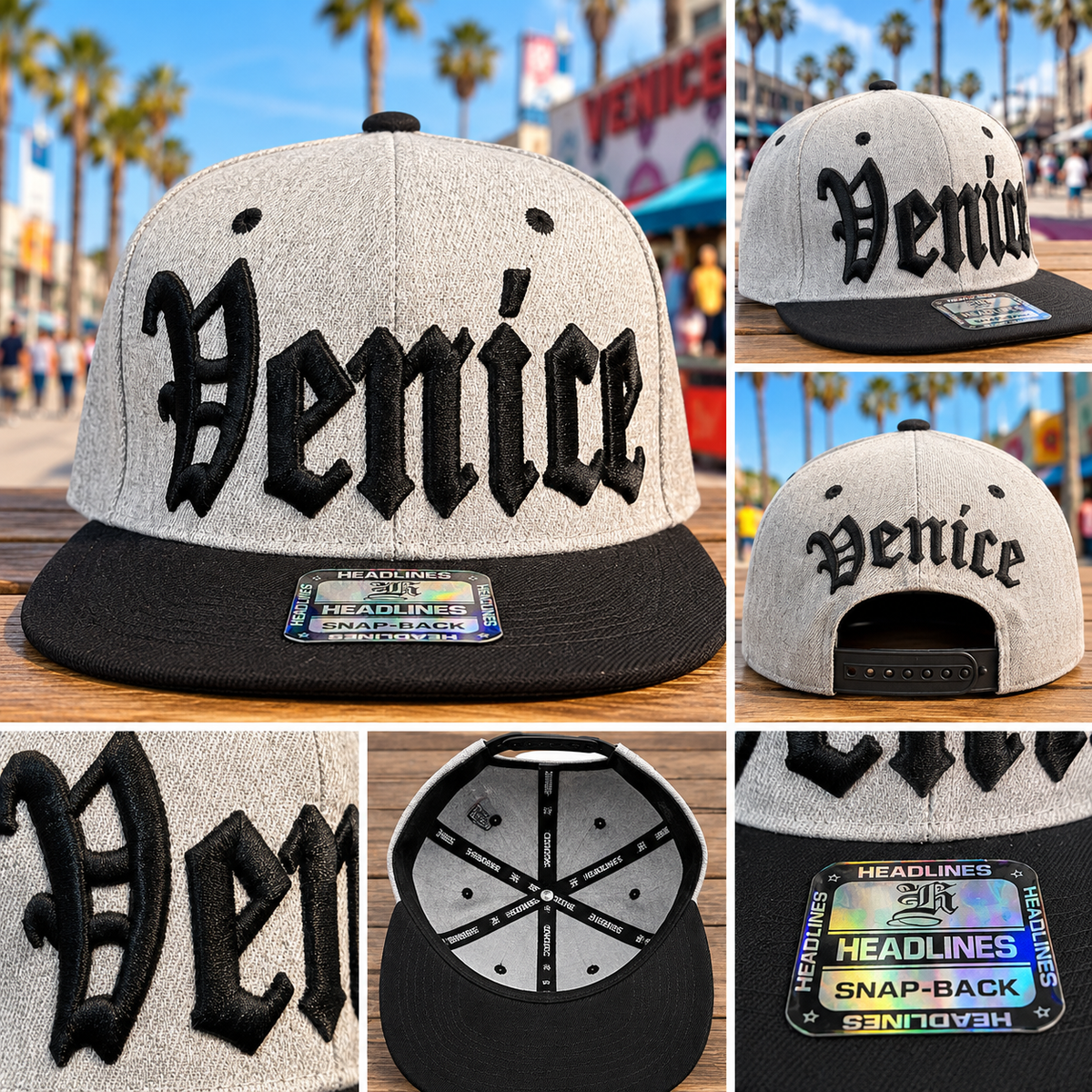 Venice Beach Snapback Hat – Gray & Black Flat Brim Cap with Embroidered Venice Logo