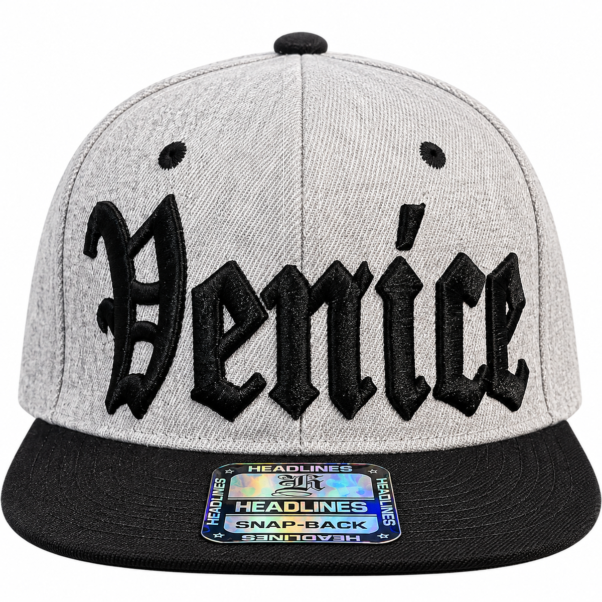Venice Beach Snapback Hat – Gray & Black Flat Brim Cap with Embroidered Venice Logo