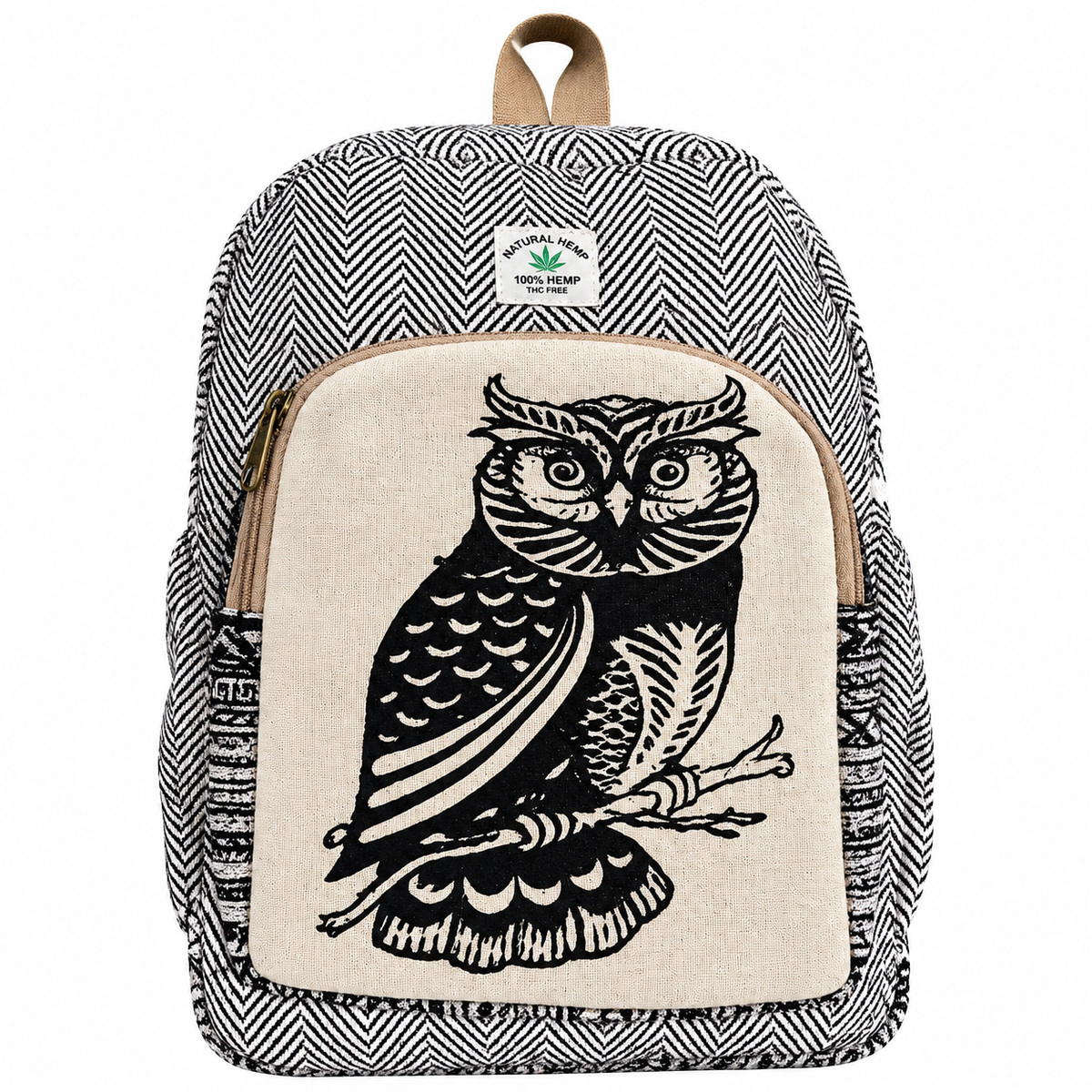 🦉 Hemp Owl Backpack – Boho Tribal Print Eco-Friendly Daypack